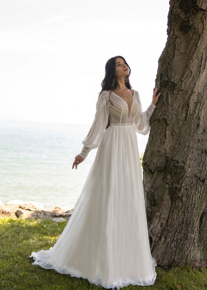 Ivory Lace Chiffon Button Back Boho Wedding Dress